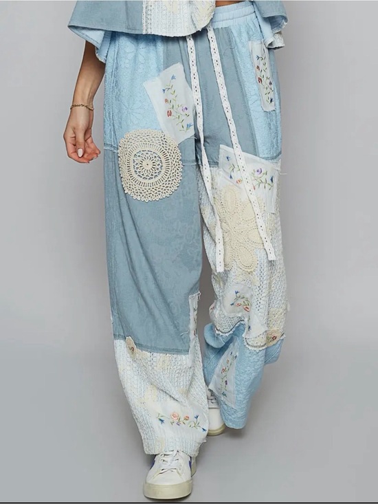 POL Pants - POL Sky Blue Elastic-Waist Lined Wide Leg Lace Patchwork Pants Size Small NWT
